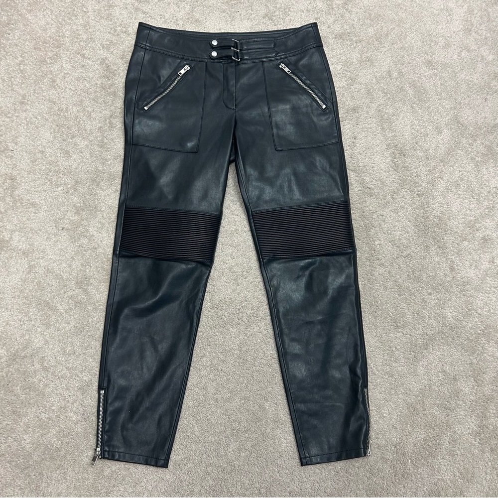 MNG Mango black faux leather moto biker pants leggings 6 vegan pleather zippered